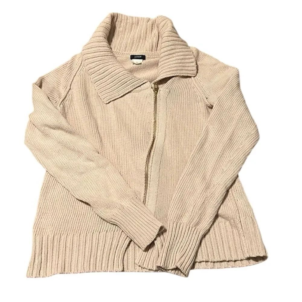 J Crew size XS cream long sleeve angled zip front floppy collar cardigan GUC